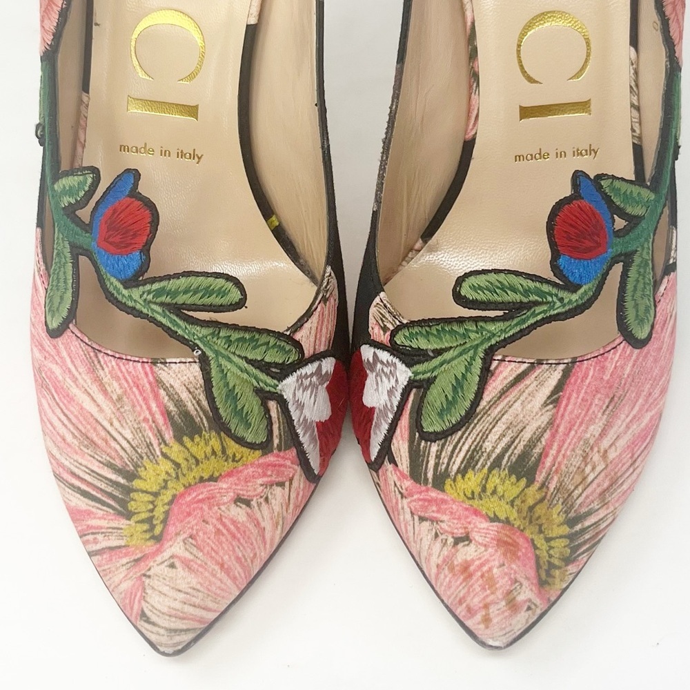 Gucci Ophelia Floral Embroidered Printed Satin Pumps - Picture 10 of 10